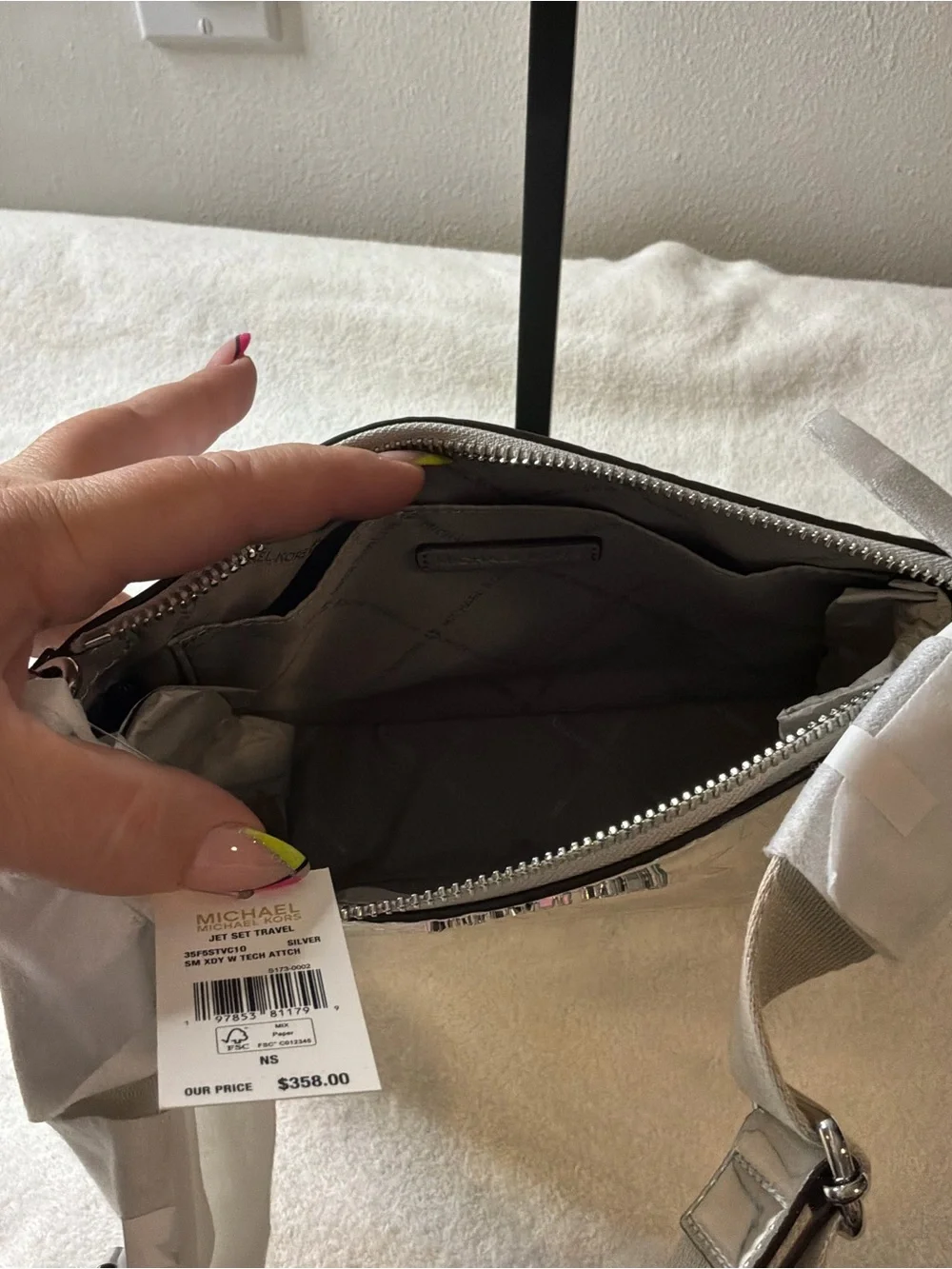 Michael Kors Iridescent Silver Holographic MK Logo Crossbody with Coin Pouch